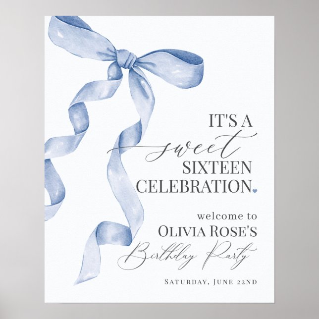 Póster Blue Bow Sweet 16 Birday Party Welcome Sign (Frente)