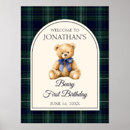 Póster Blue Bow Teddy Bear Birthday Welcome Sign