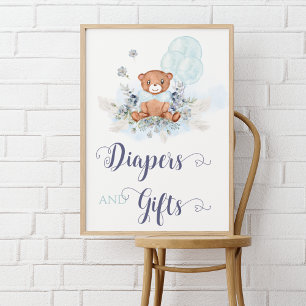 Póster Blue Boy Teddy Bear Baby Shower Diapers & Gift