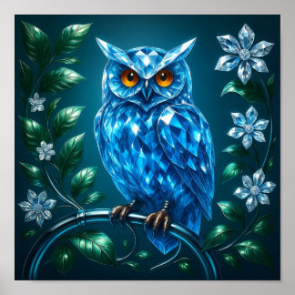 Póster Blue Brilliant Owl on Brass Branch
