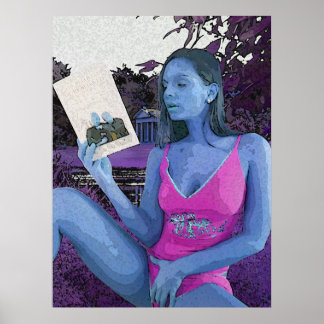 Póster Blue brunette reading a good book