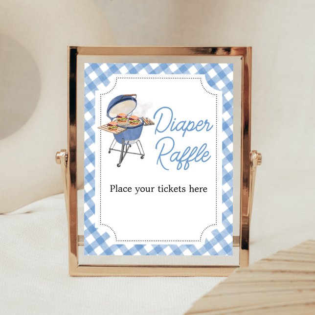 Póster Blue Burger BBQ Baby Shower Diaper Raffle (Boy Backyard BBQ Baby Shower Diaper Raffle Sign)