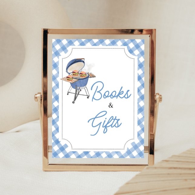 Póster Blue Burger BBQ Baby Shower Libros y regalos (Boy Backyard BBQ Baby Shower Books and Gifts Sign)