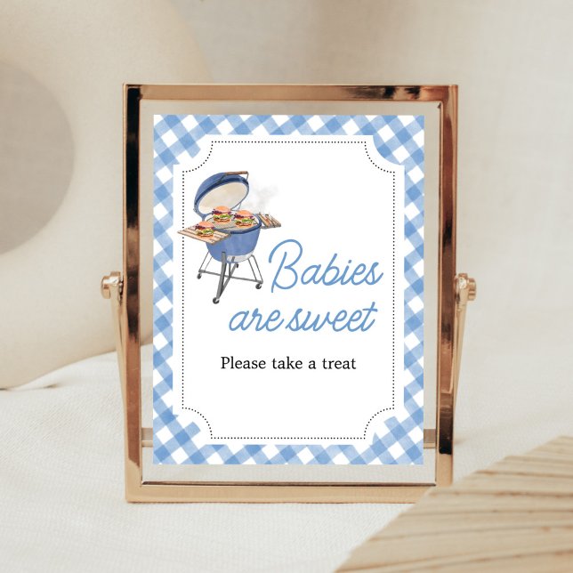 Póster Blue Burger BBQ Baby Shower Los bebés son dulces (Boy Backyard BBQ Baby Shower Babies are Sweet Sign)