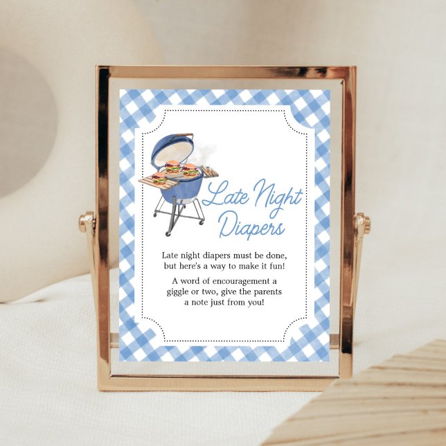 Póster Blue Burger BBQ Baby Shower Tarde Noche Diapers (Boy Backyard BBQ Baby Shower Late Night Diapers Sign)