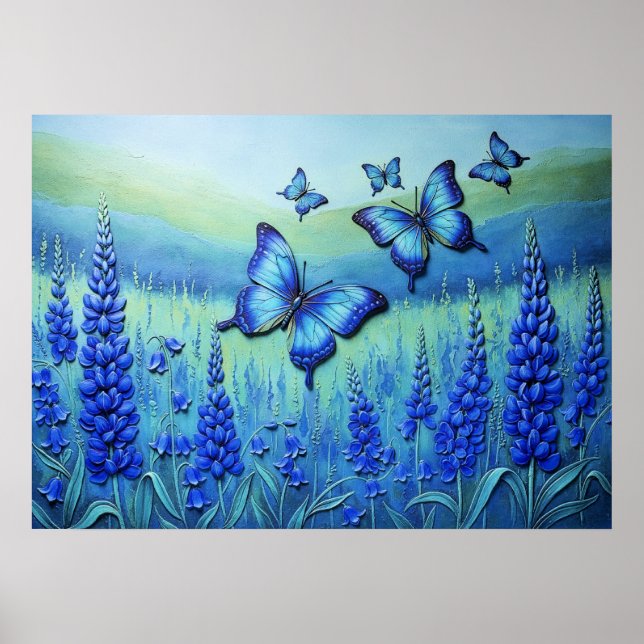 Póster Blue Butterflies with Blue Flowers, (Frente)