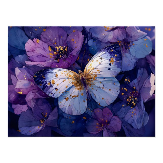 Póster Blue Butterfly on Purple Flowers (Anverso)