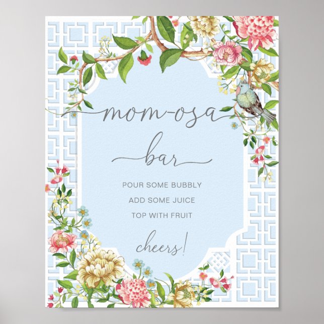 Póster Blue Chinoiserie Baby Shower Mom-osa Bar Sign (Frente)
