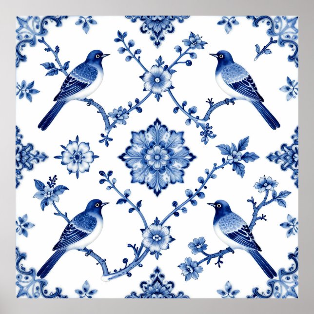 Póster Blue Chinoiserie Bird Floral Pattern (Frente)