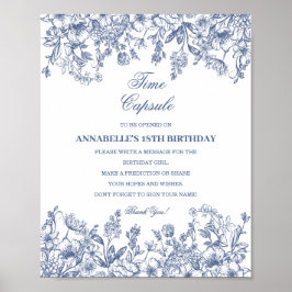 Póster Blue Chinoiserie Floral Time Capsule Baby Birthday