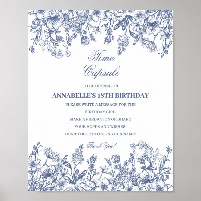 Póster Blue Chinoiserie Floral Time Capsule Baby Birthday (Frente)