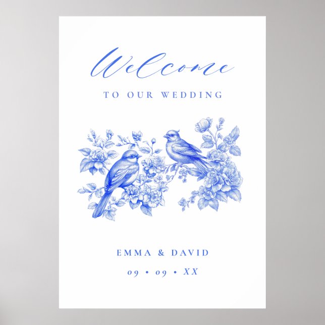 Póster Blue Chinoiserie Love Birds Wedding Welcome (Frente)