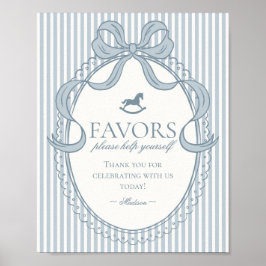 Póster Blue Coquette Bow Rocking Horse Stripe Favors Sign