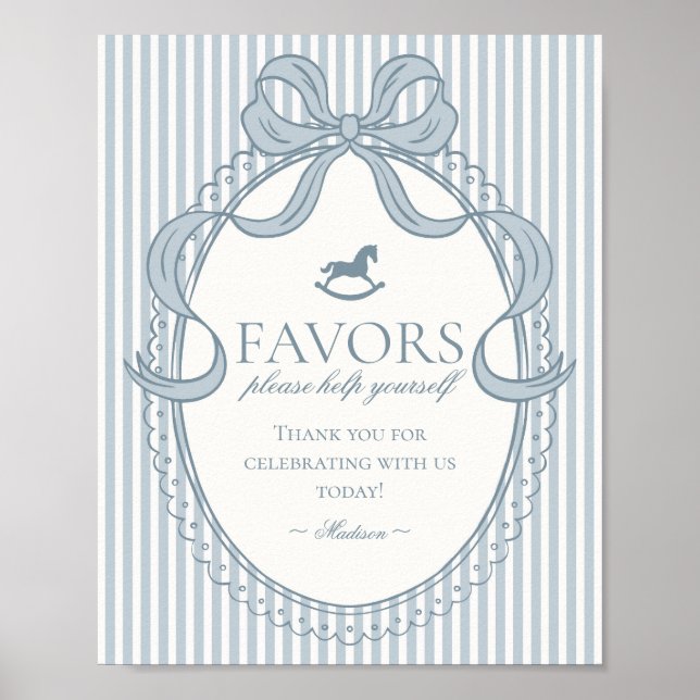 Póster Blue Coquette Bow Rocking Horse Stripe Favors Sign (Frente)