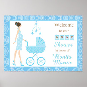 Póster Blue Damask Brunette Boy Baby Shower