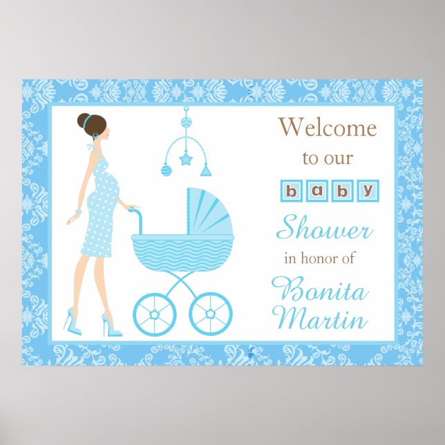 Póster Blue Damask Brunette Boy Baby Shower (Frente)