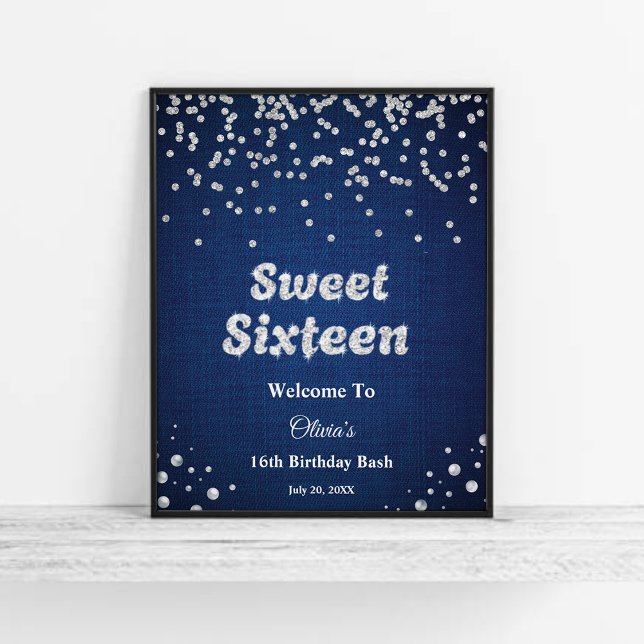Póster Blue Denim Sweet Dieciséis Bienvenida a los 16 Año (Blue Denim Sweet Sixteen 16th Birthday Welcome Sign )