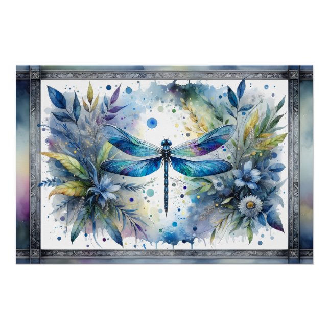 Póster Blue Dragonfly Botanical Watercolor (Anverso)