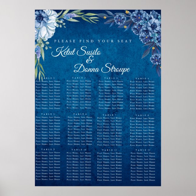 Póster Blue Elegant floral summer wedding seating chart  (Frente)