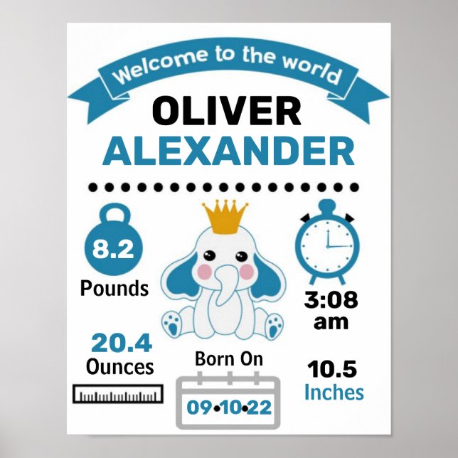 Póster Blue Elephant Baby Birth Statistics (Frente)