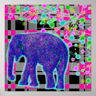 Póster Blue Elephant on Pink Plaid Background Poster