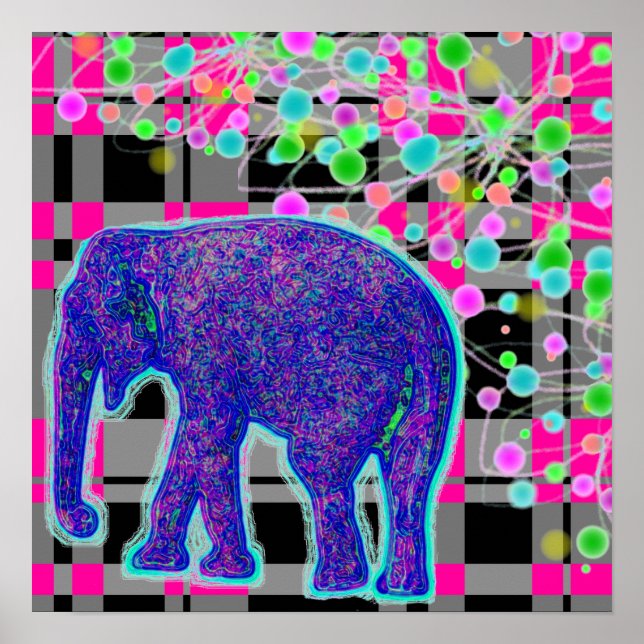 Póster Blue Elephant on Pink Plaid Background Poster (Frente)