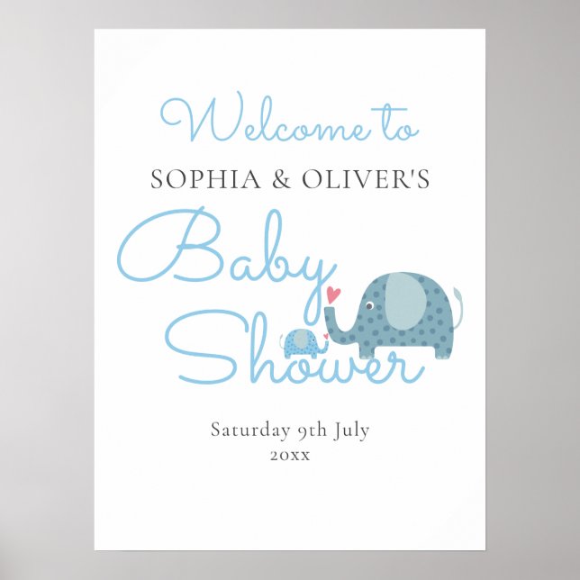 Póster Blue Elephants Couples Baby Boy Shower Welcome (Frente)