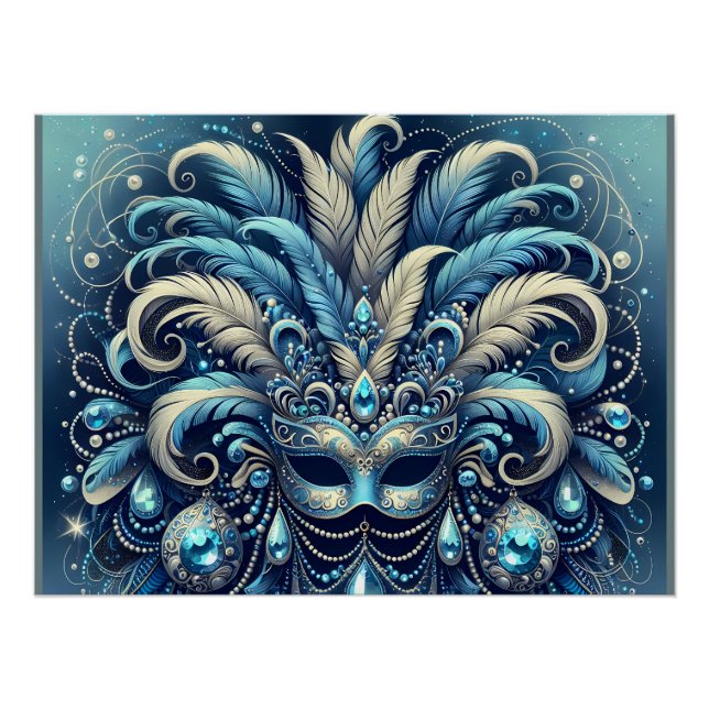 Póster Blue Feather Masquerade Mask Illustration (Anverso)