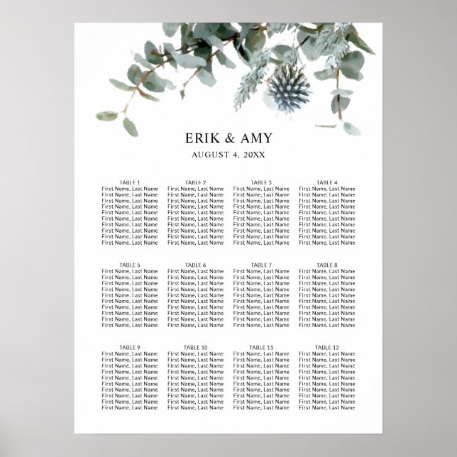 Póster Blue Floral Botanical Wedding Seating Chart (Frente)