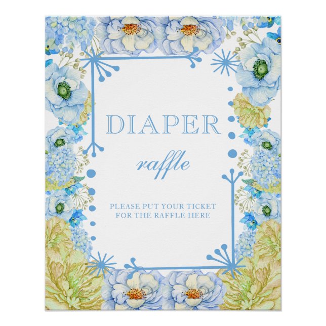 Póster Blue Floral & Bow Baby Shower Diaper Raffle (Anverso)