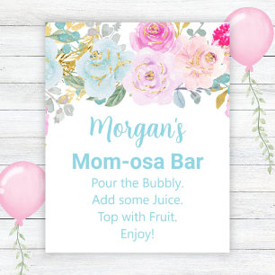 Póster Blue Floral Boy Baby Shower Mom-osa Bar Rótulo