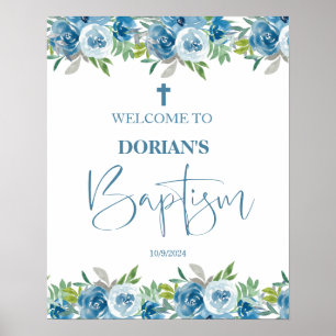 Póster Blue Floral Boy Baptism Poster
