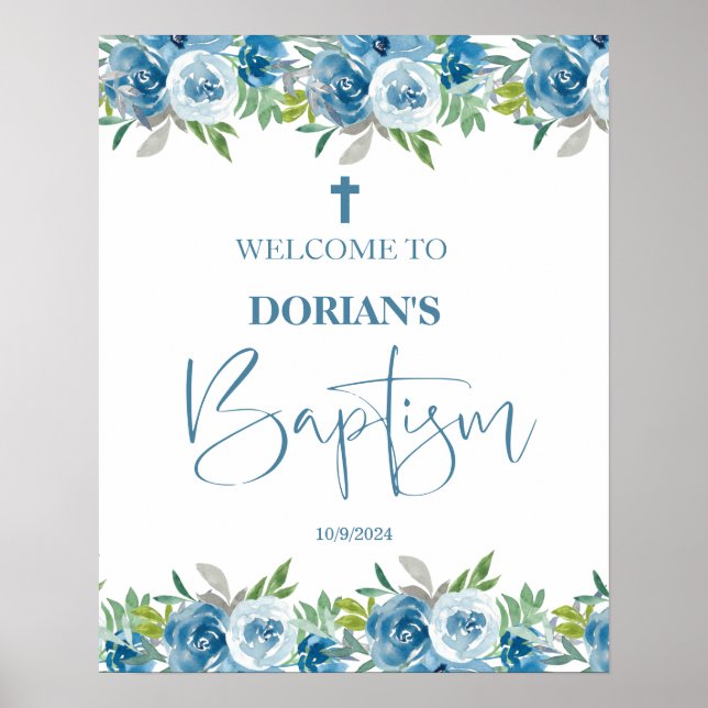 Póster Blue Floral Boy Baptism Poster (Frente)