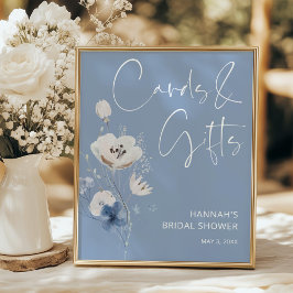 Póster Blue Floral Bridal Shower Cards and Gifts Sign