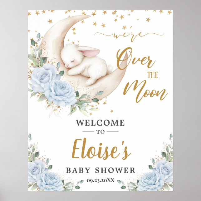 Póster Blue Floral Bunny Rabbit Moon Baby Shower Welcome (Frente)