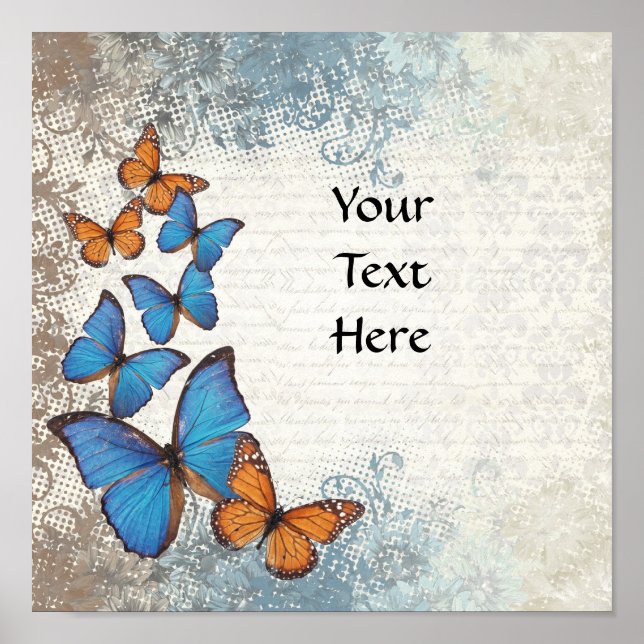 Póster Blue floral butterflies (Frente)