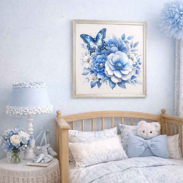 Póster Blue Floral Butterfly Cottage  (Dusty and navy blue floral and butterfly wall art)