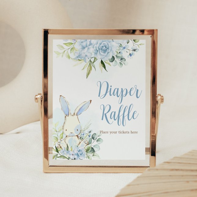 Póster Blue Floral Conejo Conejo Baby Shower Diaper Raffl (A Little Bunny Boy Baby Shower Diaper Raffle Sign)