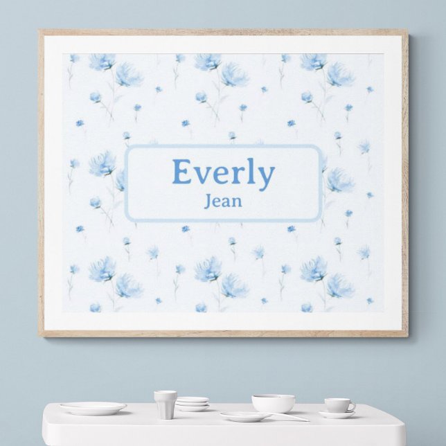 Póster Blue Floral Custom Name Decour Baby Nursery (Customize name! Shown with white mat and wood frame. (you will receive print only). Thank you!)