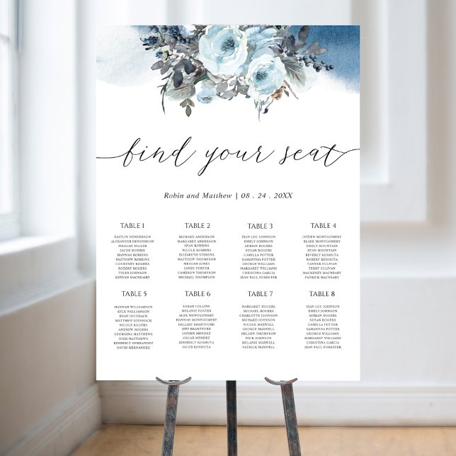 Póster Blue Floral Elegant Wedding Seating Chart Sign (Subido por el creador)