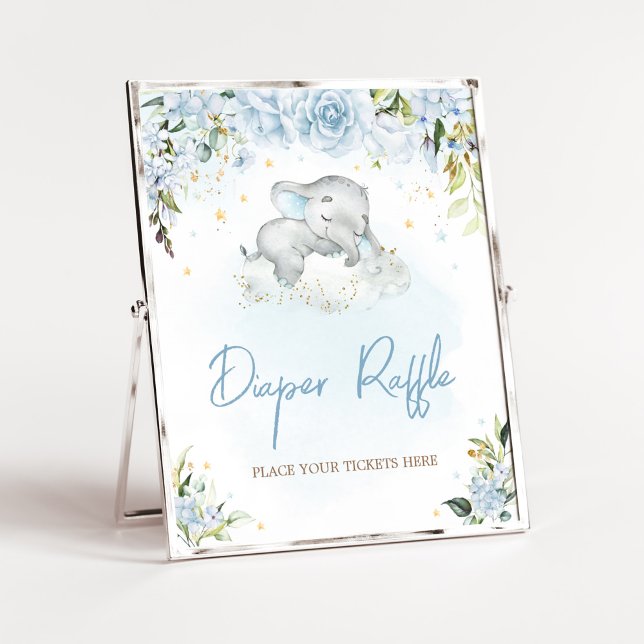 Póster Blue Floral Elephant Baby Shower Diaper Raffle (Blue Floral Sleeping Elephant Baby Shower Diaper Raffle Sign)