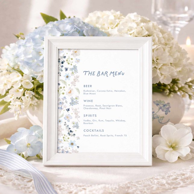 Póster Blue Floral Garden Bridal Shower Bar Menu (The Bar menu blue floral sign)