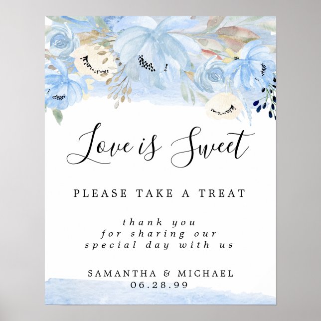 Póster Blue Floral Love es el dulce Boda Rótulo del bar d (Frente)