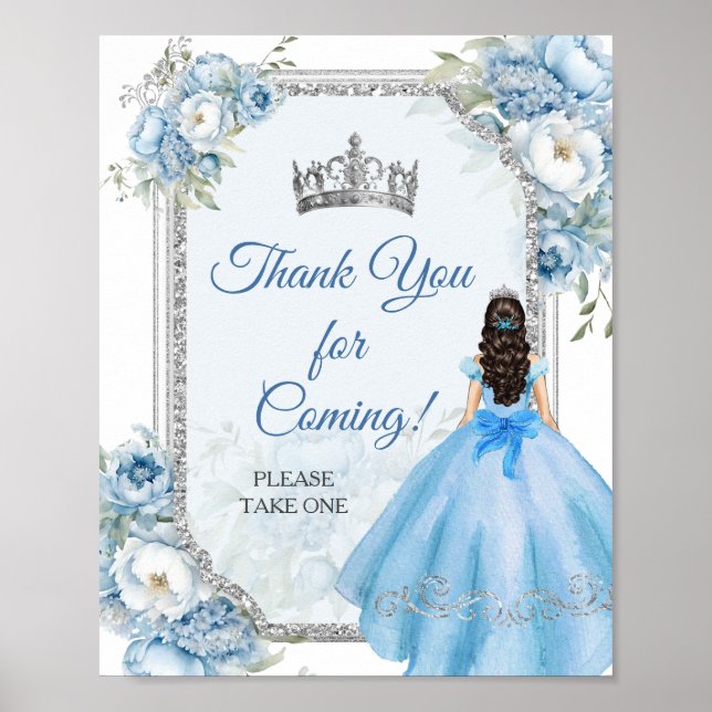 Póster Blue Floral Silver Crown Quinceañera Gracias (Frente)