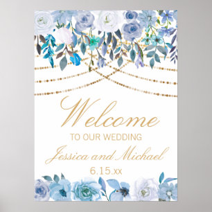 Póster Blue Floral String Luces Bienvenida Boda blanco