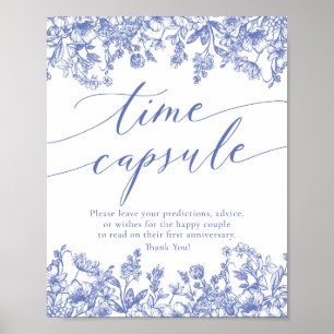 Póster Blue Floral Time Capsule Bridal Shower Game Rótulo