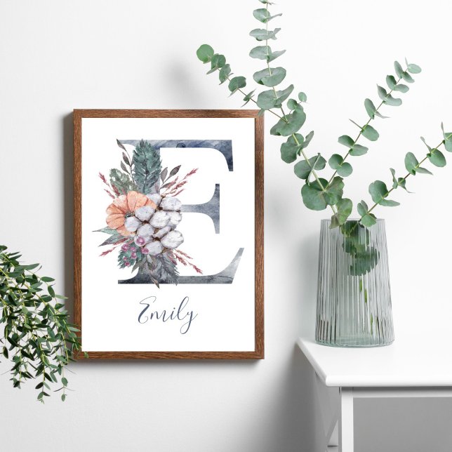 Póster Blue Floral Watercolor Monograma E Apellido (Blue White Peach Watercolor Floral Monogram Letter E)