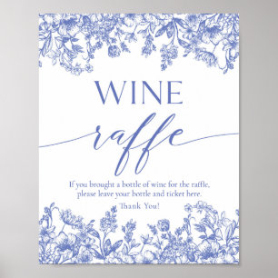 Póster Blue Floral Wine Raffle Bridal Shower Game Rótulo