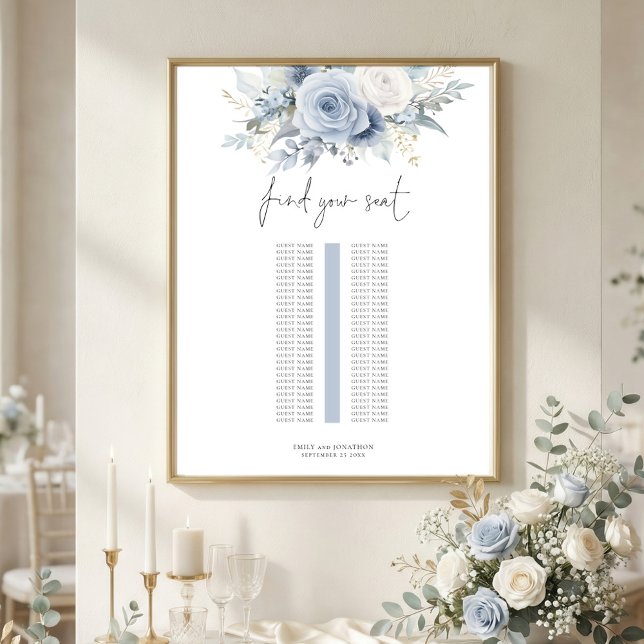 Póster Blue Florals Single Table Wedding Seating Chart (Subido por el creador)