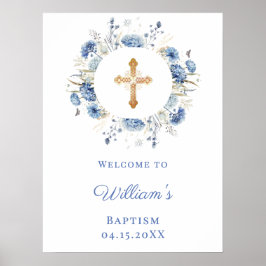 Póster Blue florals wreath boy Baptism welcome